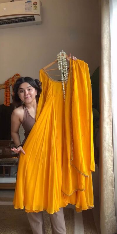 RTC 5935 Yellow Faux Georgette Gown with Lace Work. Wedding, Party, Festive, Events Exclusive Offer ₹2049. Delivery 4-6 Working Days. Shop now. | Bollywood Gowns, Creative Gowns, Designer Gowns, Embroidered Gowns, Gowns, Party Wear Gowns