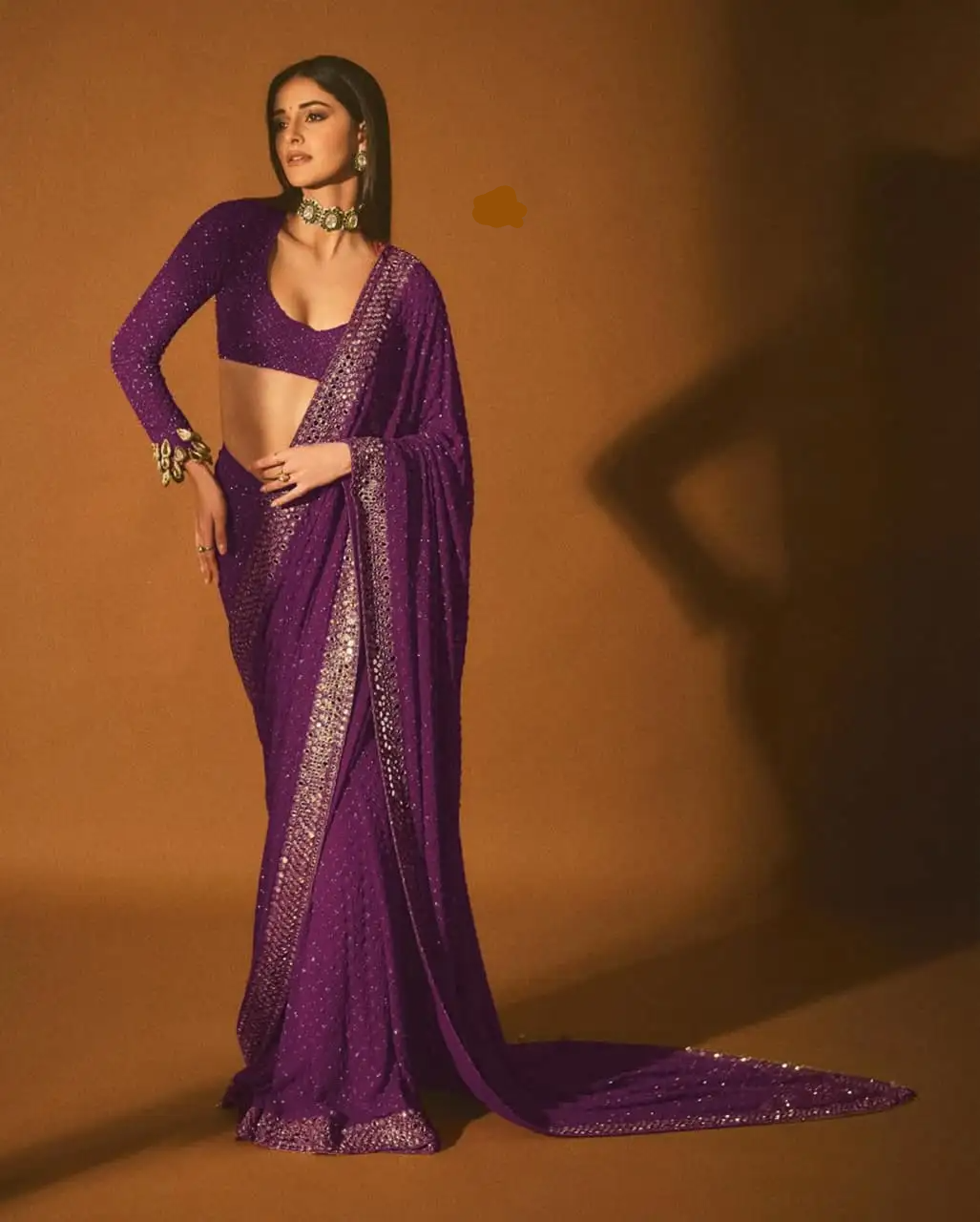 Wine Faux Georgette Embroidery Mirror Work Saree