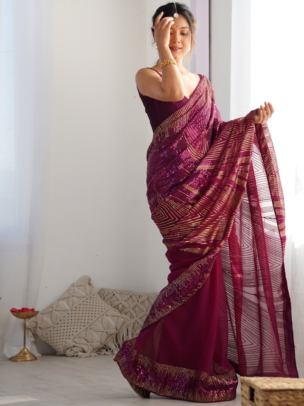 Wine Georgette Sequence Lace Work Saree - Image 3