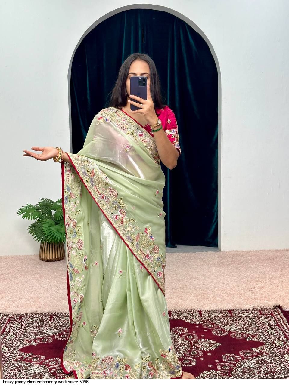 Pista Organza Silk Embroidery Cut Work Saree