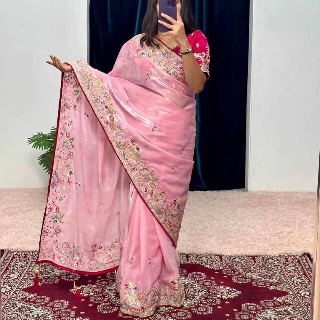 Pink Organza Silk Embroidery Cut Work Saree