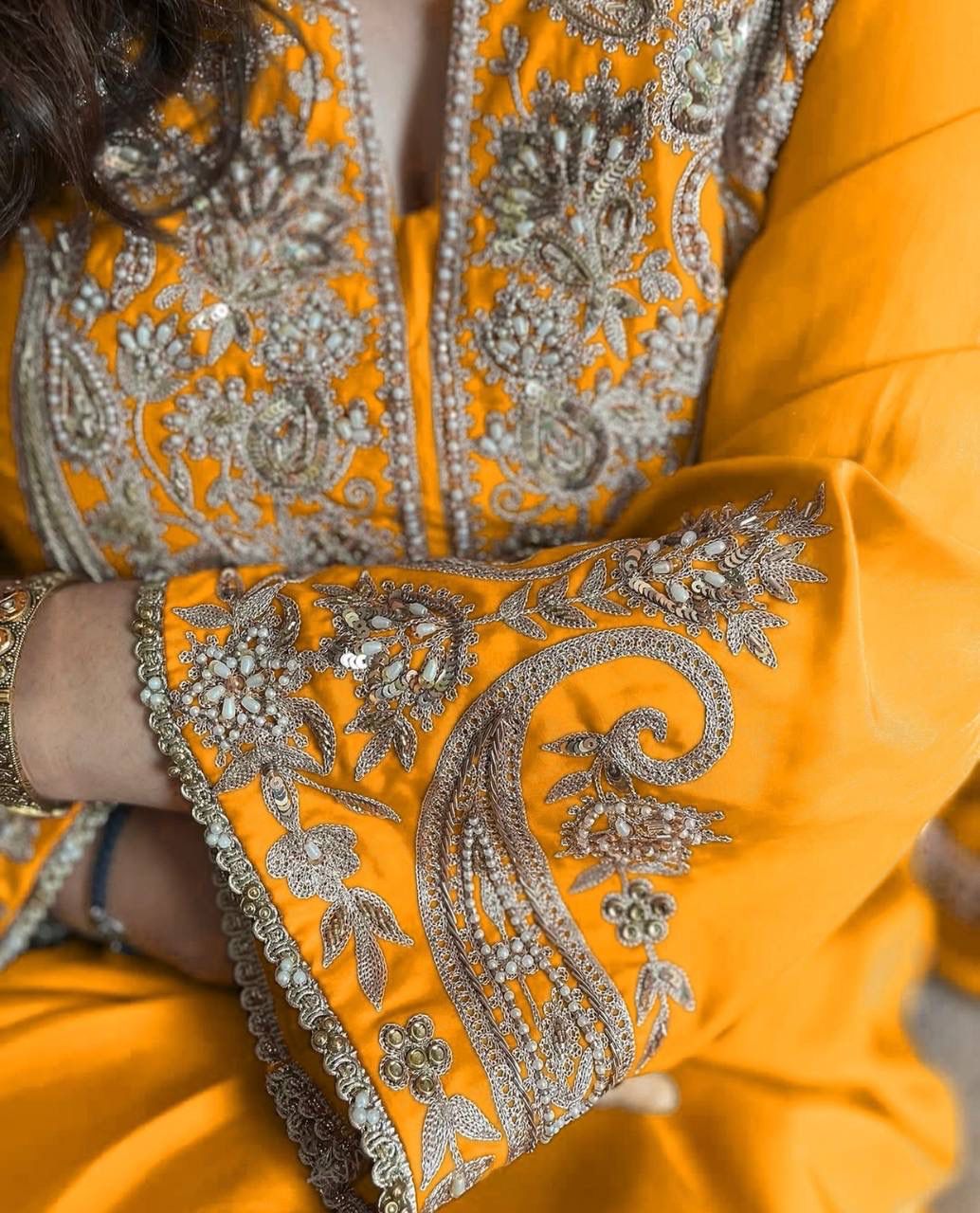 Yellow Chinnon Silk With Sequence Salwar Suit - Image 5