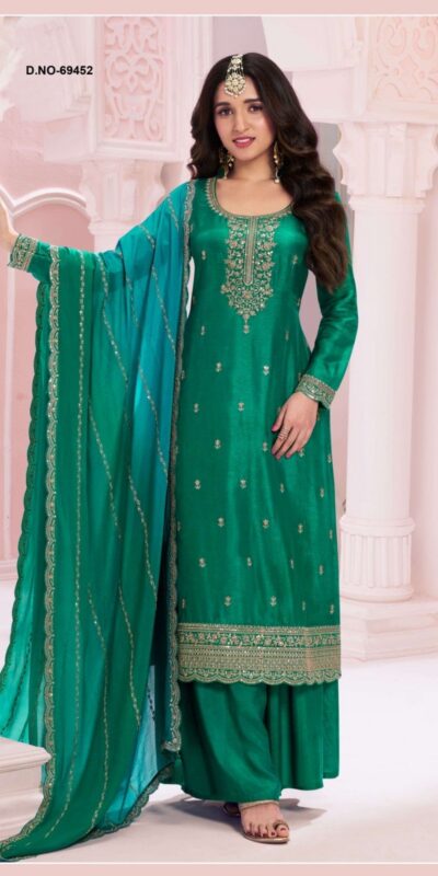 Green Vichitra Zari Embroidery Work Salwar Suit