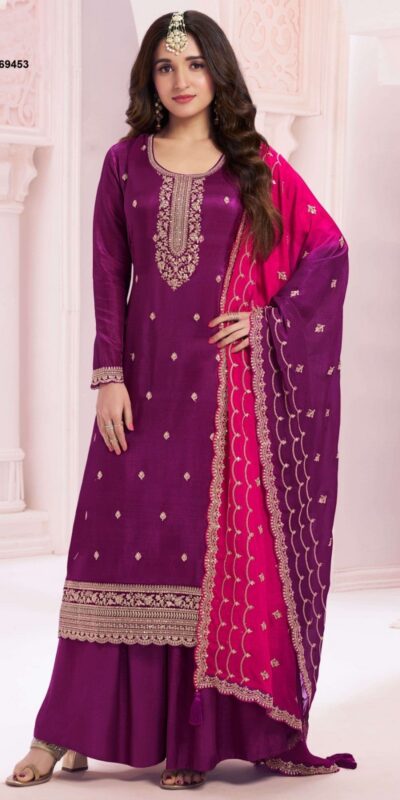 Wine Vichitra Zari Embroidery Work Salwar Suit
