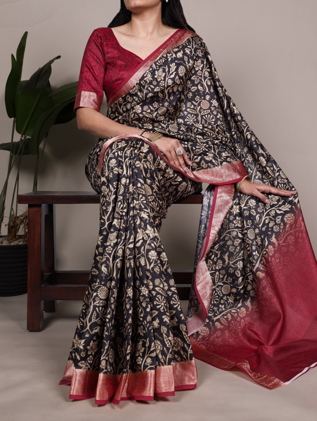 Black Tasar Silk With Printed Viscose Border Saree