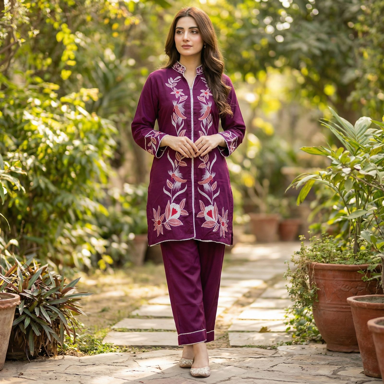 Wine Rayon With Embroidery Work Kurti