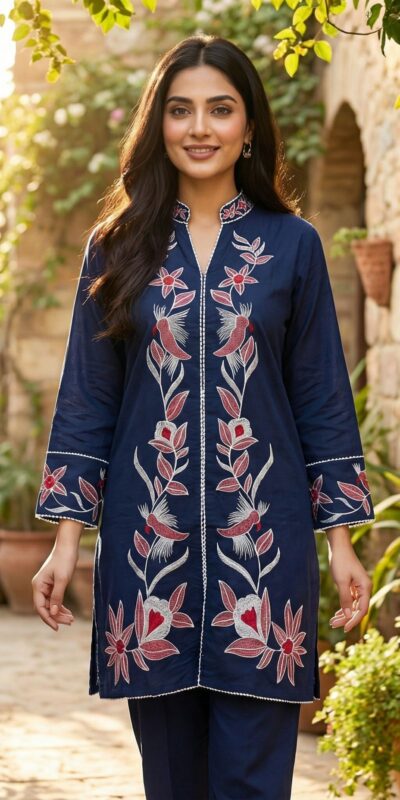Navy Blue Rayon With Embroidery Work Kurti