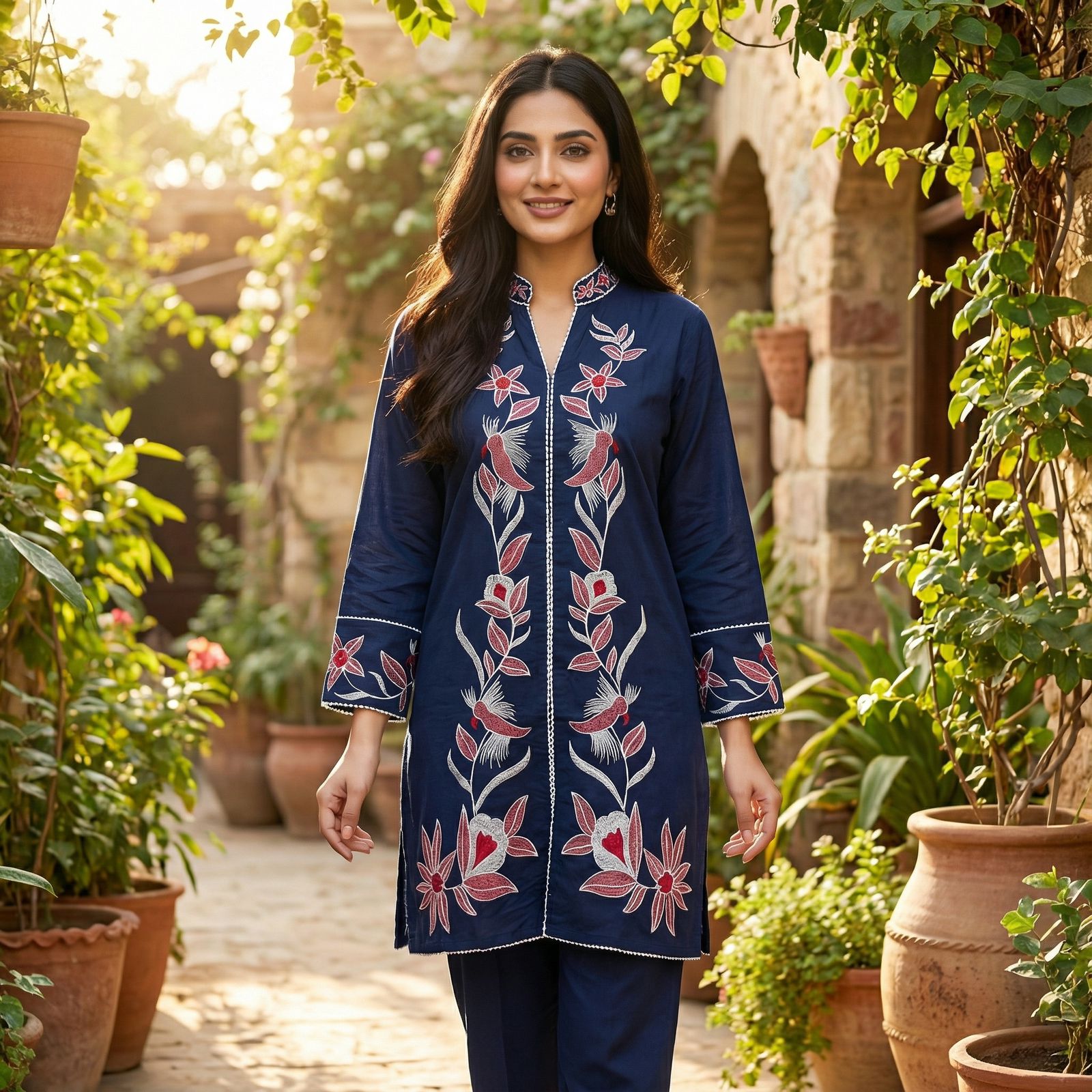 Navy Blue Rayon With Embroidery Work Kurti