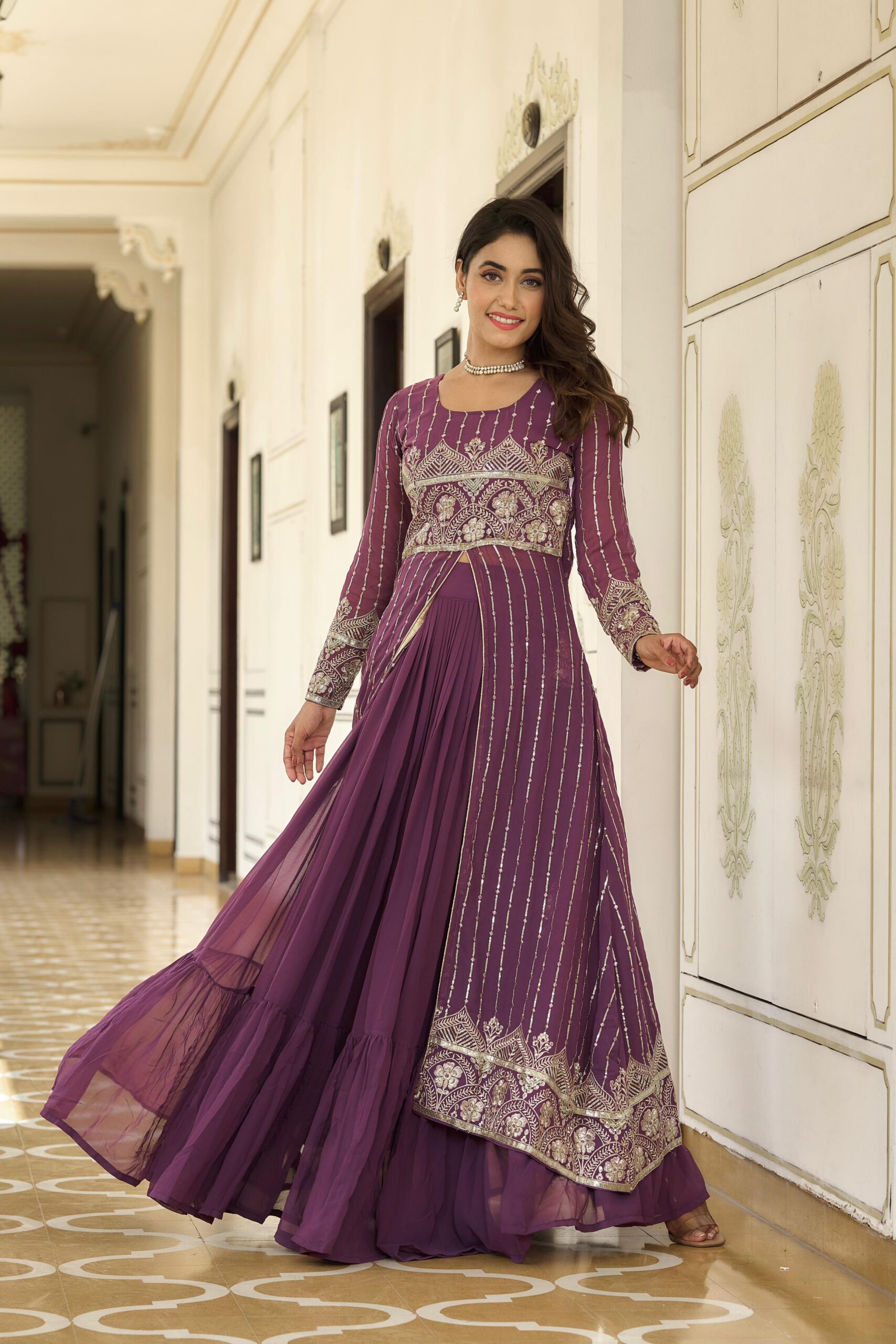 Wine Fox Georgette Embroidery Work Lehenga Choli