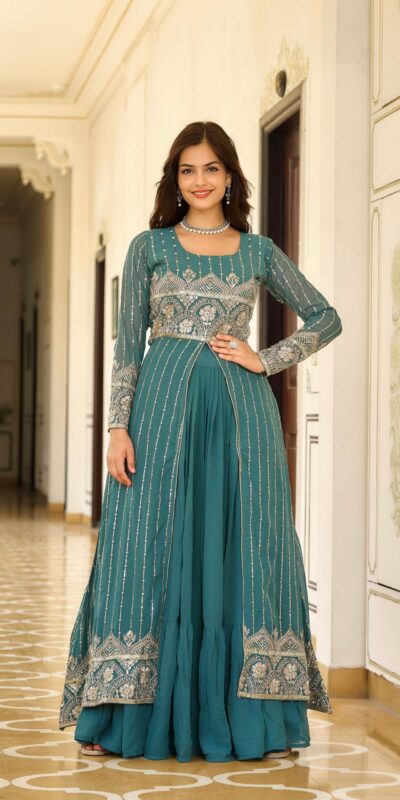 Teal Fox Georgette Embroidery Work Lehenga Choli