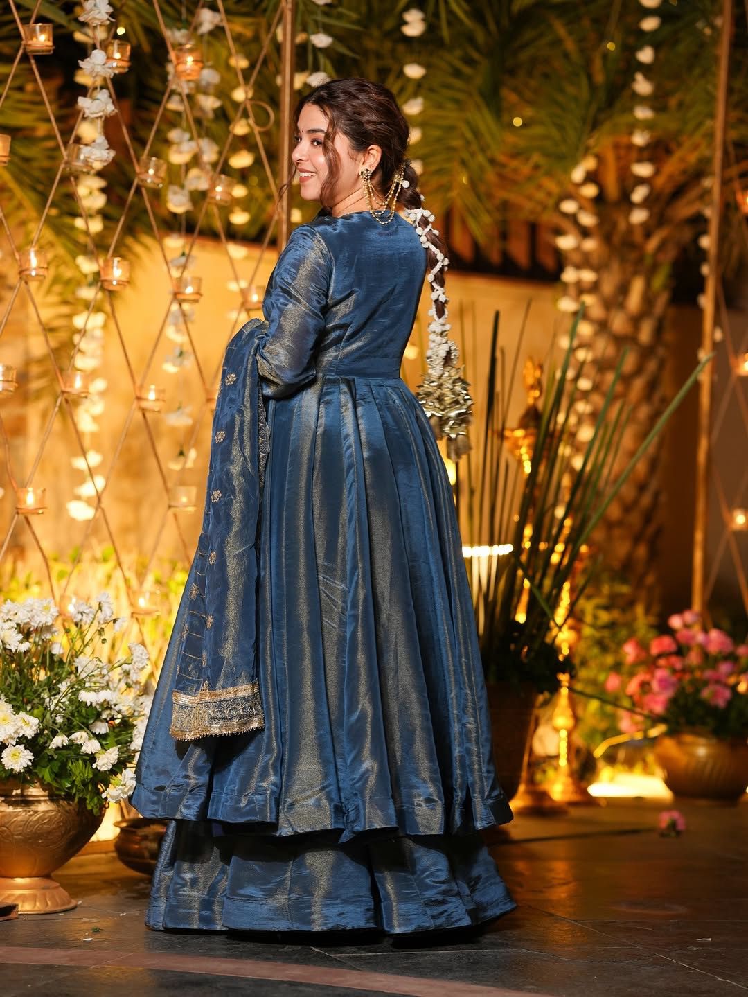 Blue Cosmos Silk Lace Embroidery Work Gown - Image 6