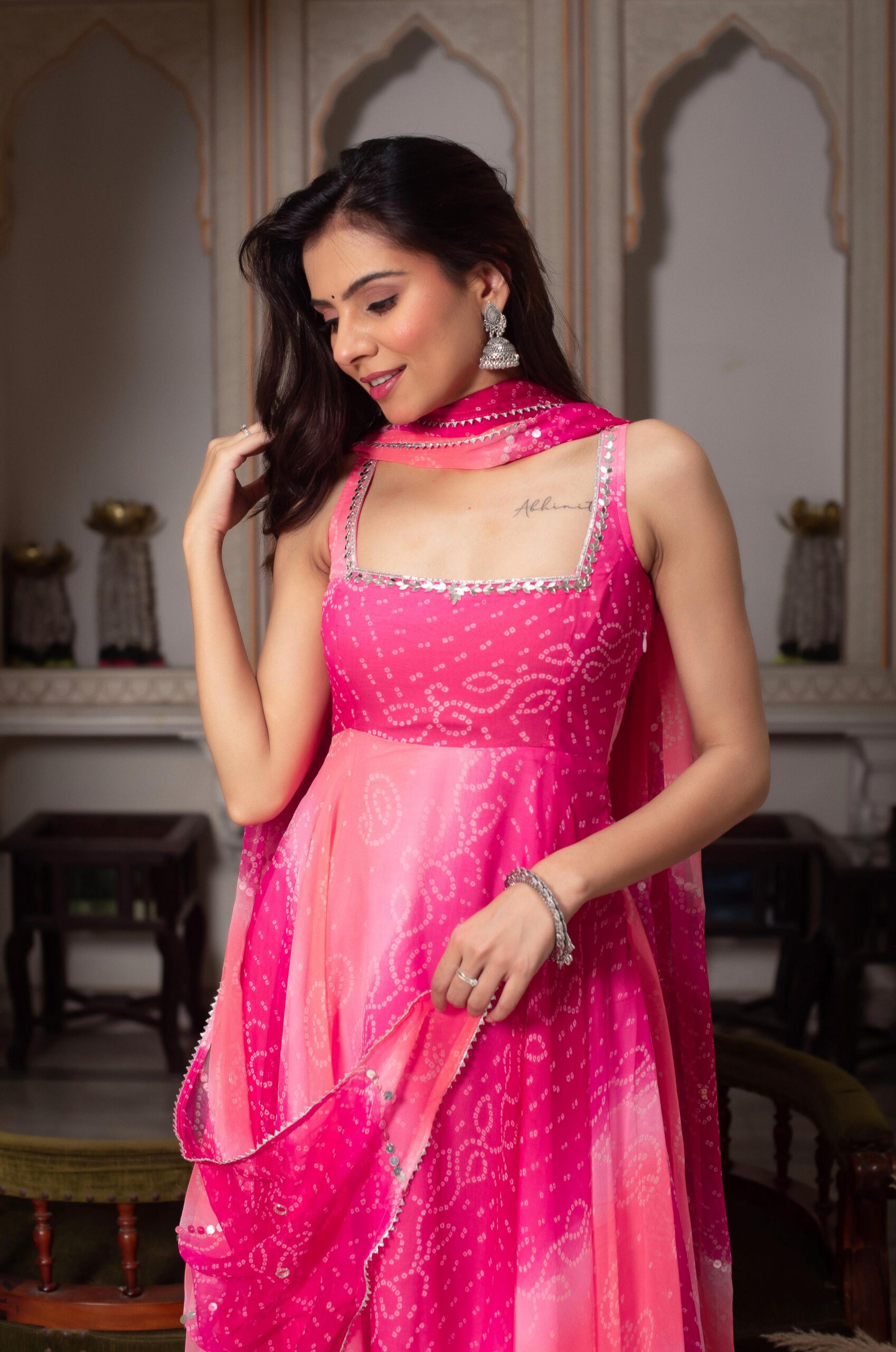 Pink Faux Georgette Mirror Work Digital Print Salawar Suit - Image 4