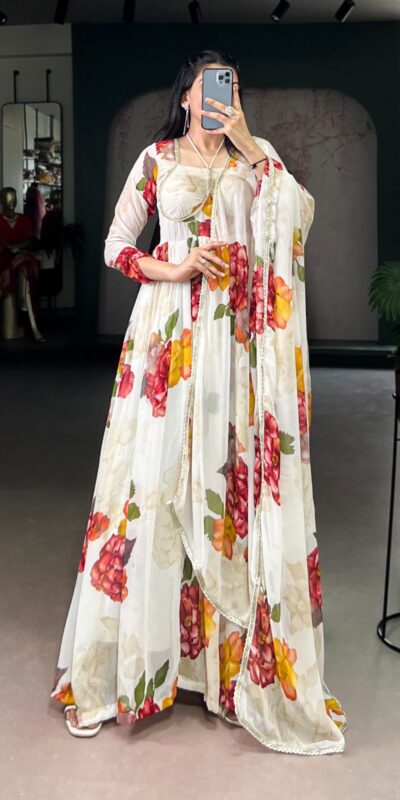 White Chiffon Floral Print Lace Work Gown