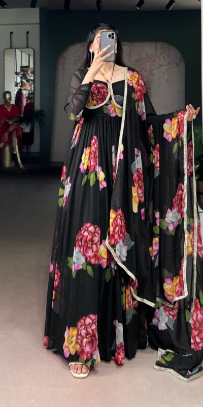 Black Chiffon Floral Print Lace Work Gown