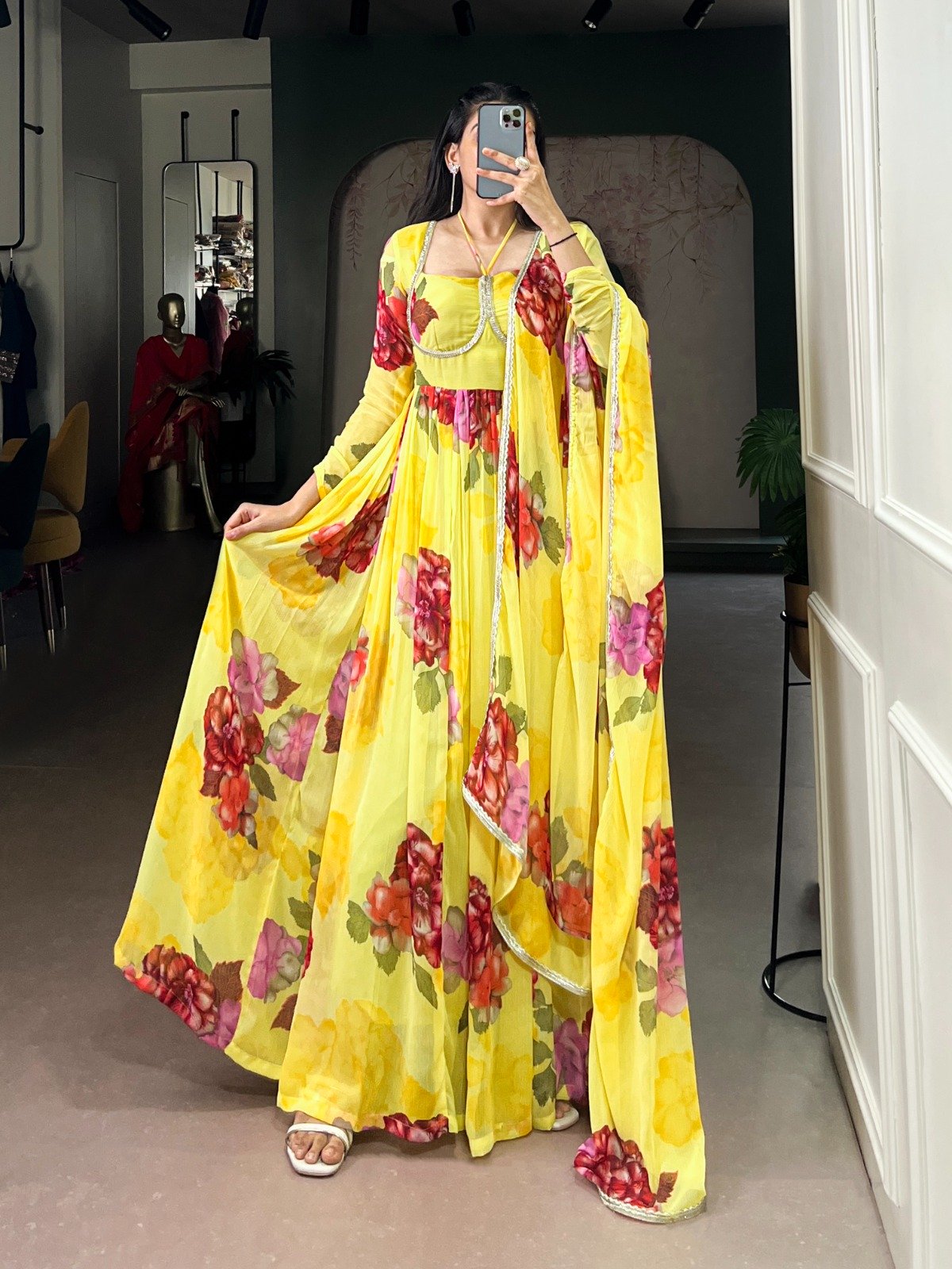 Yellow Chiffon Floral Print Lace Work Gown