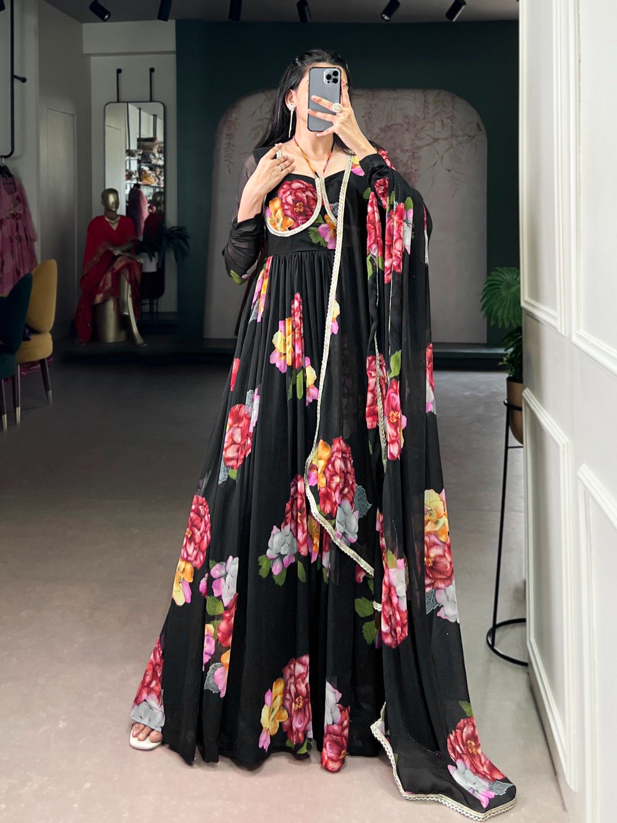 Black Chiffon Floral Print Lace Work Gown - Image 2