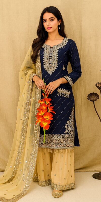 Navy Blue Georgette Heavy Embroidery Work Salwar Suit