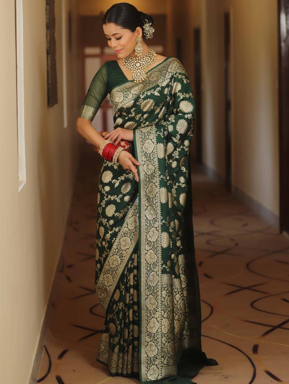 Green Soft Lichi Silk All Over Work Saree