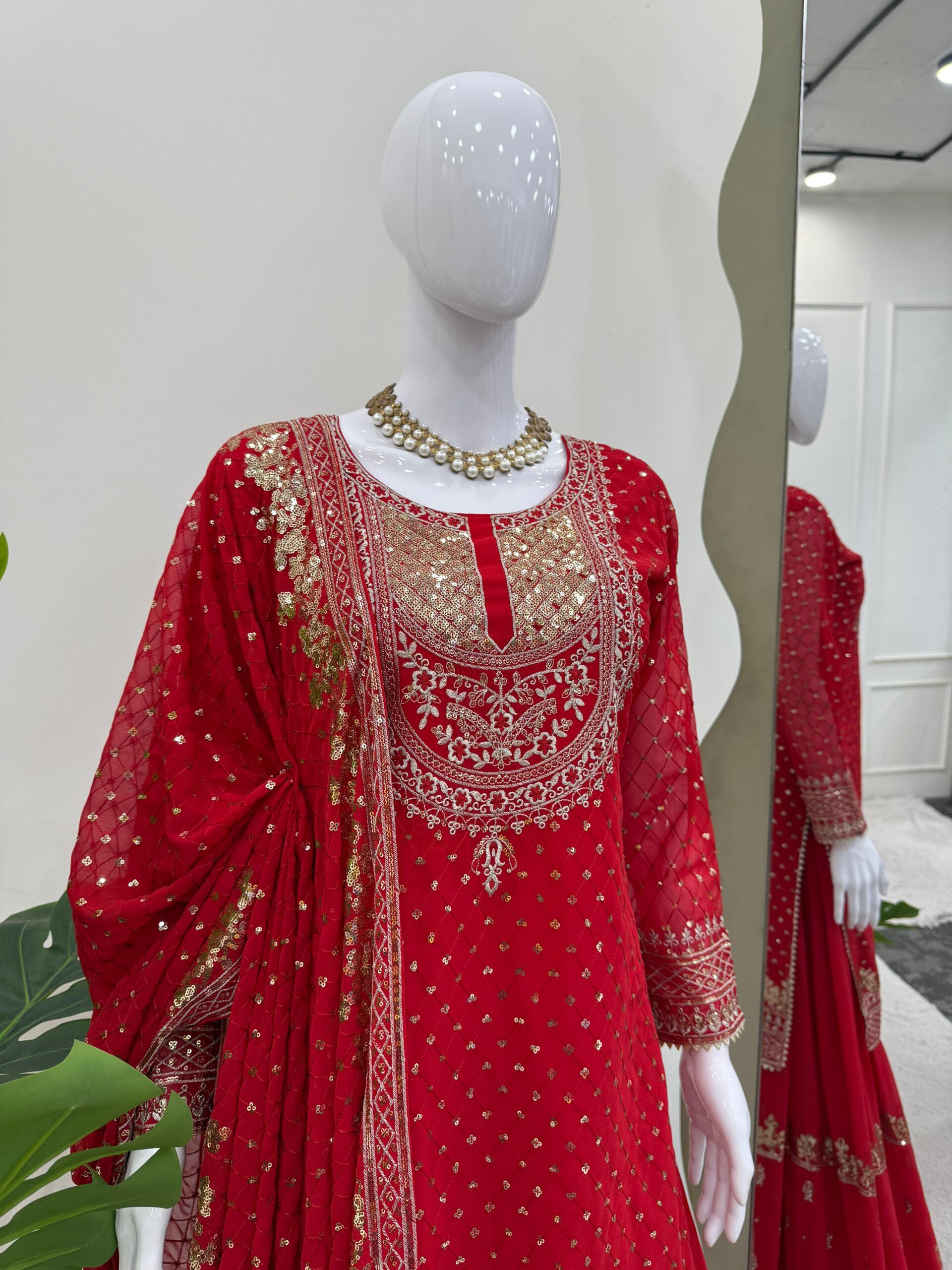 Red Faux Georgette Thread Work Salwar Suit - Image 4