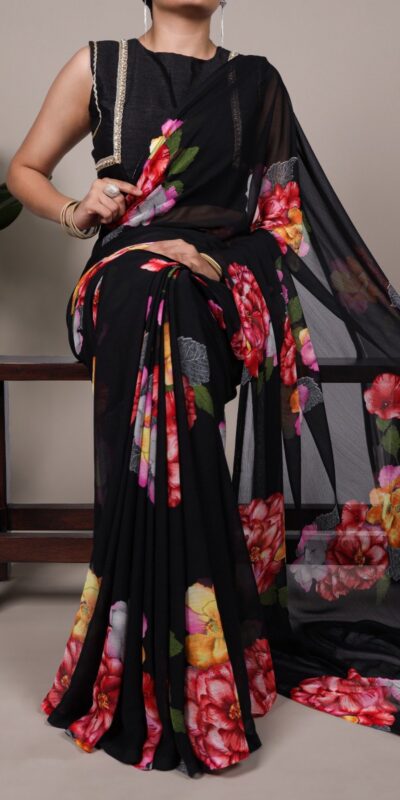 Black Chiffon Lace Work Saree