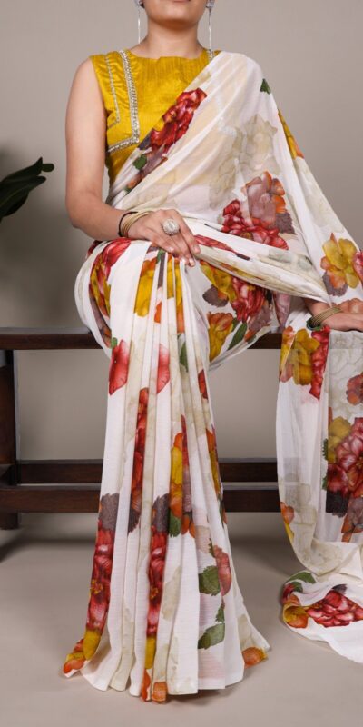 White Chiffon Lace Work Saree