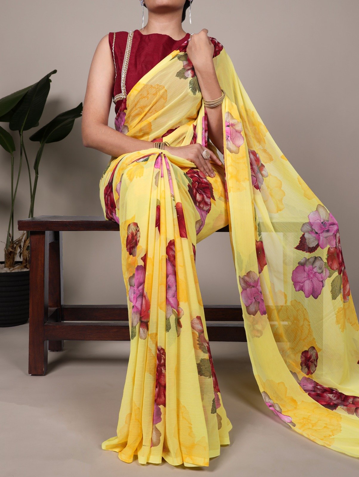 Yellow Chiffon Lace Work Saree