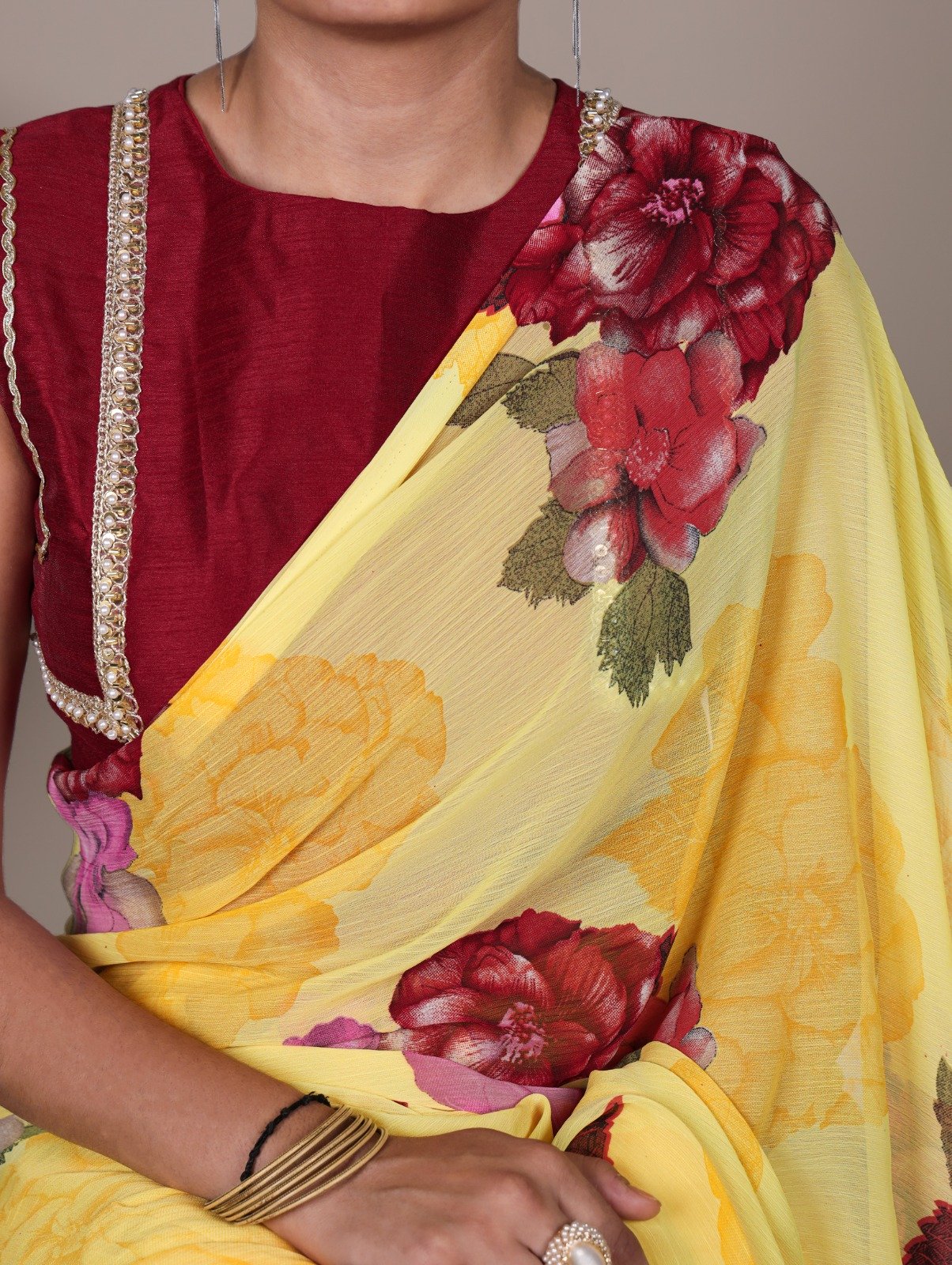 Yellow Chiffon Lace Work Saree - Image 2