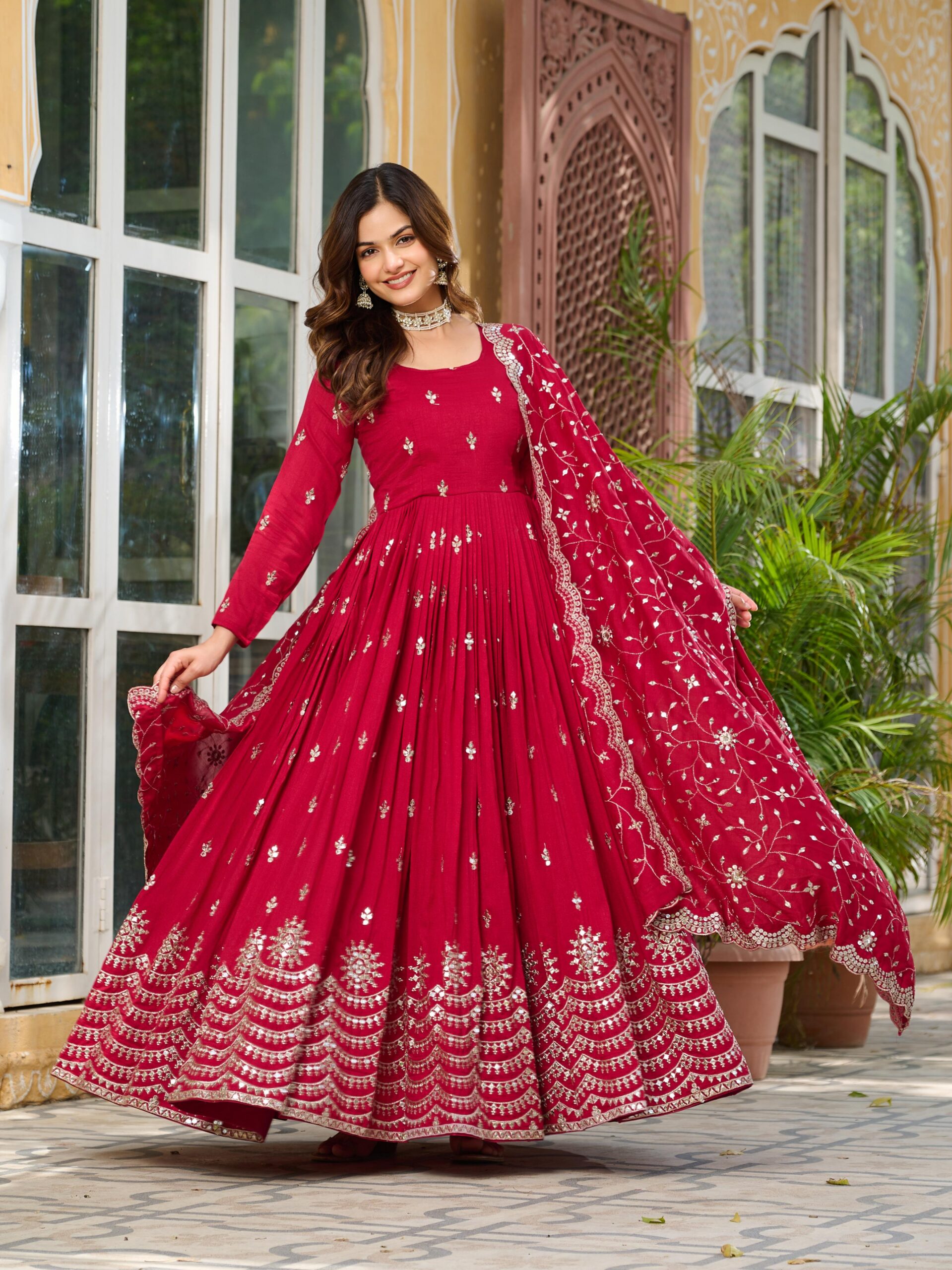 Red Vichitra Silk Embroidery Work Gown