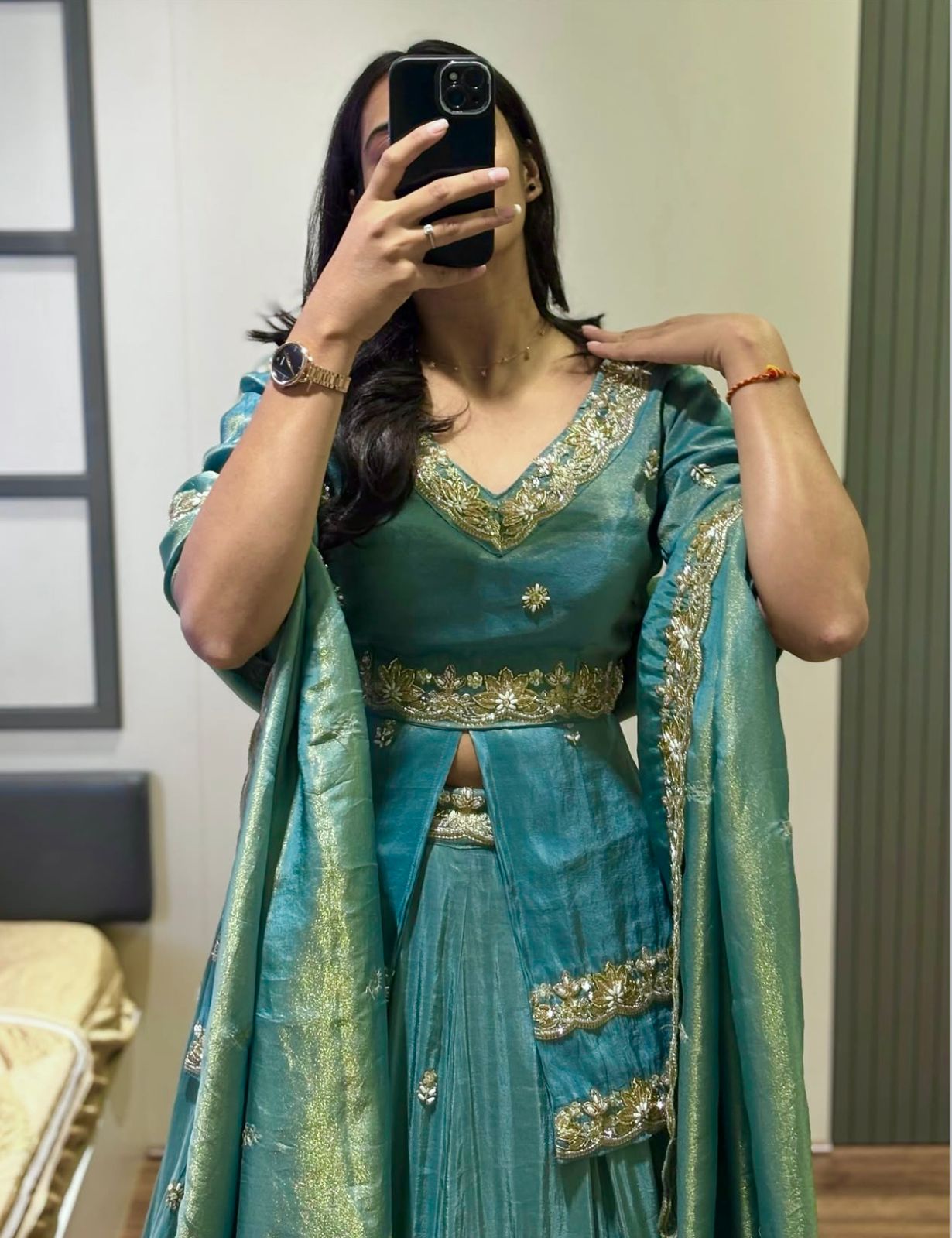 Sea Green Chinon Silk Cut Work Lehenga Choli - Image 2