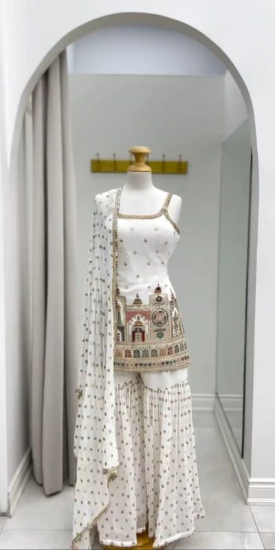 White Faux Georgette With Thread Lace Work Salwar Suit