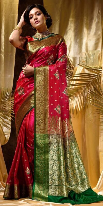 Red Soft Lichi Silk Border Work Saree
