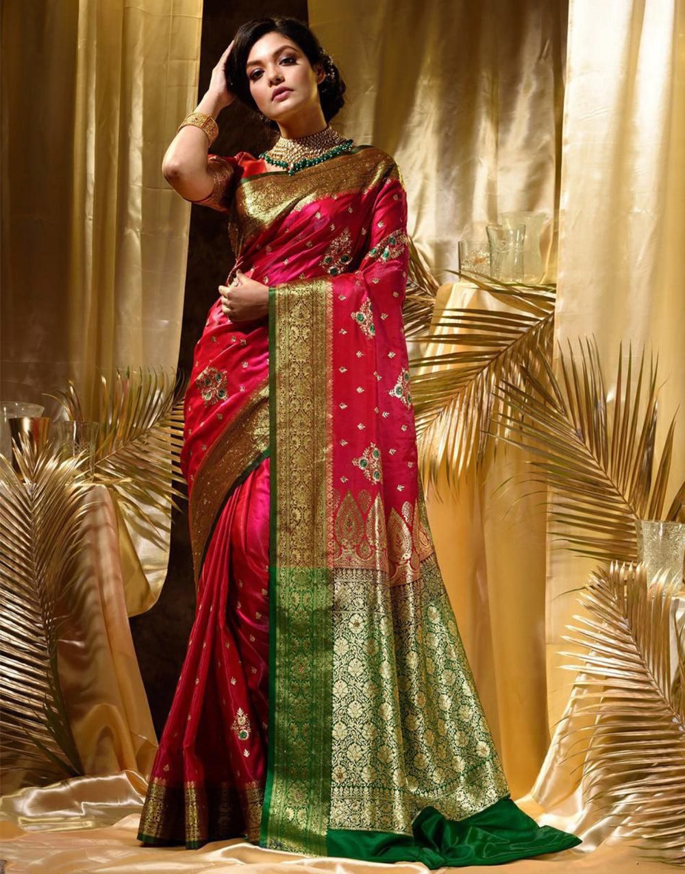 Red Soft Lichi Silk Border Work Saree