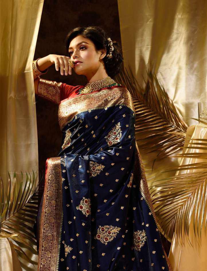 Navy Blue Soft Lichi Silk Border Work Saree - Image 3
