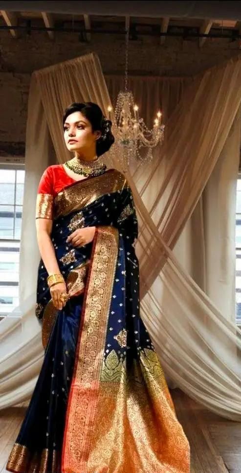 Navy Blue Soft Lichi Silk Border Work Saree - Image 5