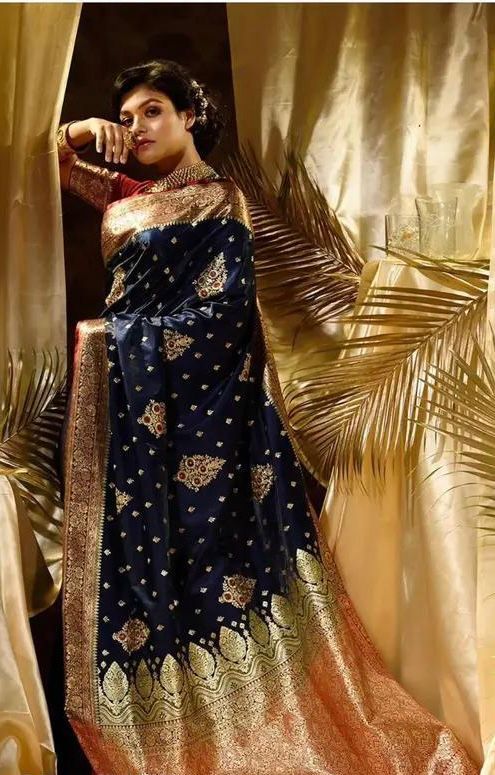 Navy Blue Soft Lichi Silk Border Work Saree - Image 6