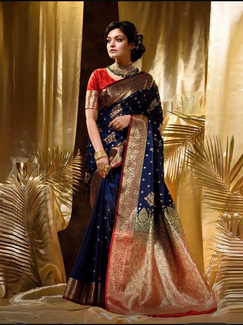 Navy Blue Soft Lichi Silk Border Work Saree - Image 7