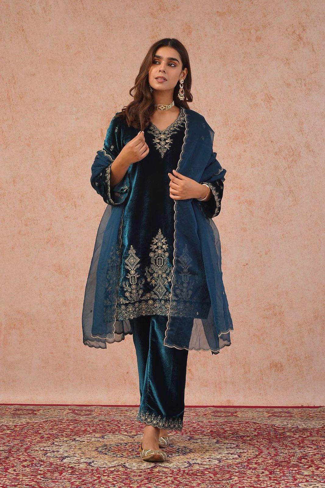 Peacock Blue Viscose Velvet Intricate Thread Salwar Suit