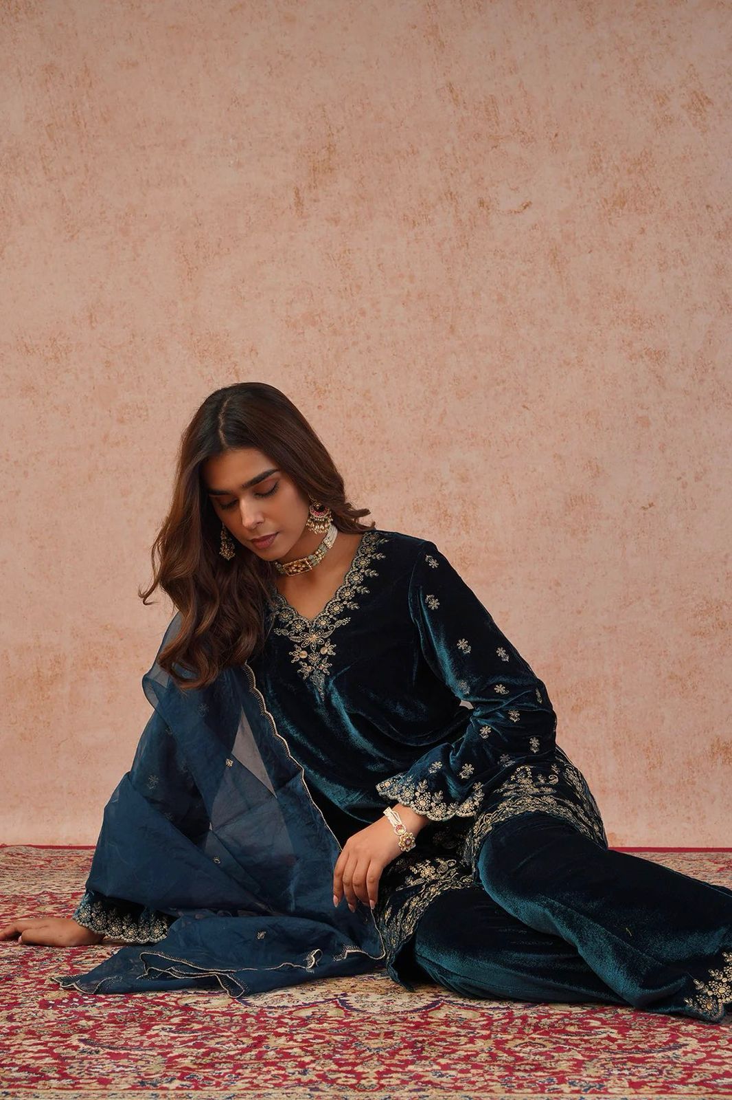 Peacock Blue Viscose Velvet Intricate Thread Salwar Suit - Image 6