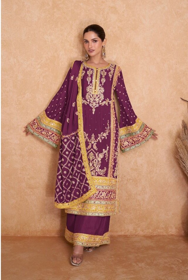 Wine Chinon Embroidery Work Salwar Suit