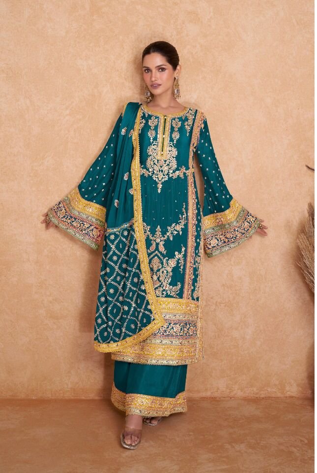 Blue Chinon Embroidery Work Salwar Suit