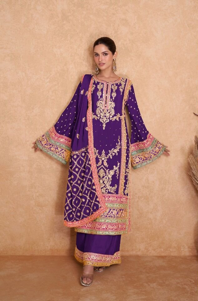 Purple Chinon Embroidery Work Salwar Suit