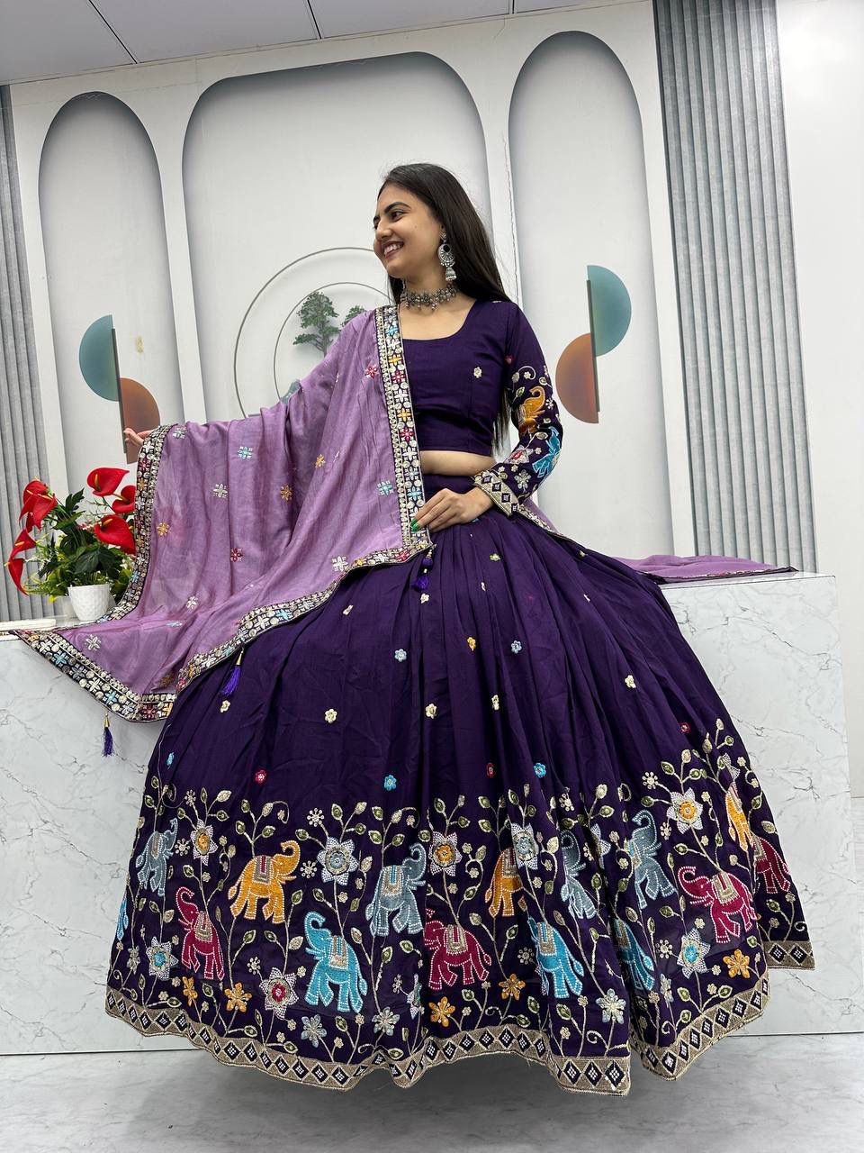 Purple Vichitra Silk Lace Border Work Lehenga Choli - Image 4