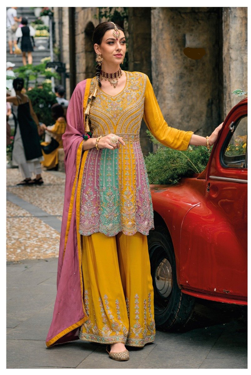 Mustered Chinon Embroidery Work Salwar Suit