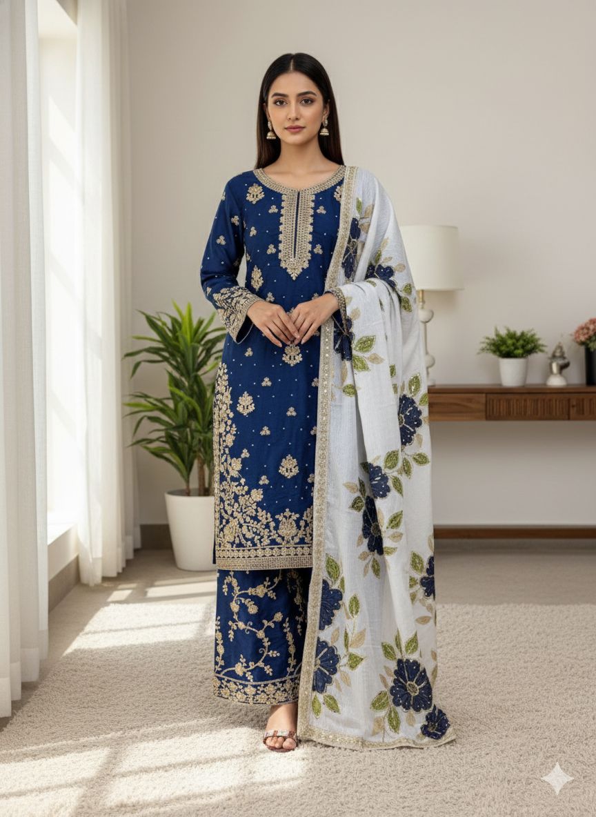 Navy Blue Organza Silk Lace Embroidery Work Salwar Suit