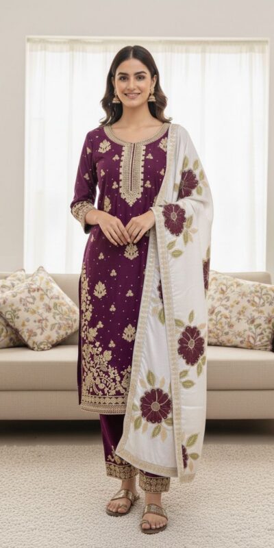 Wine Organza Silk Lace Embroidery Work Salwar Suit