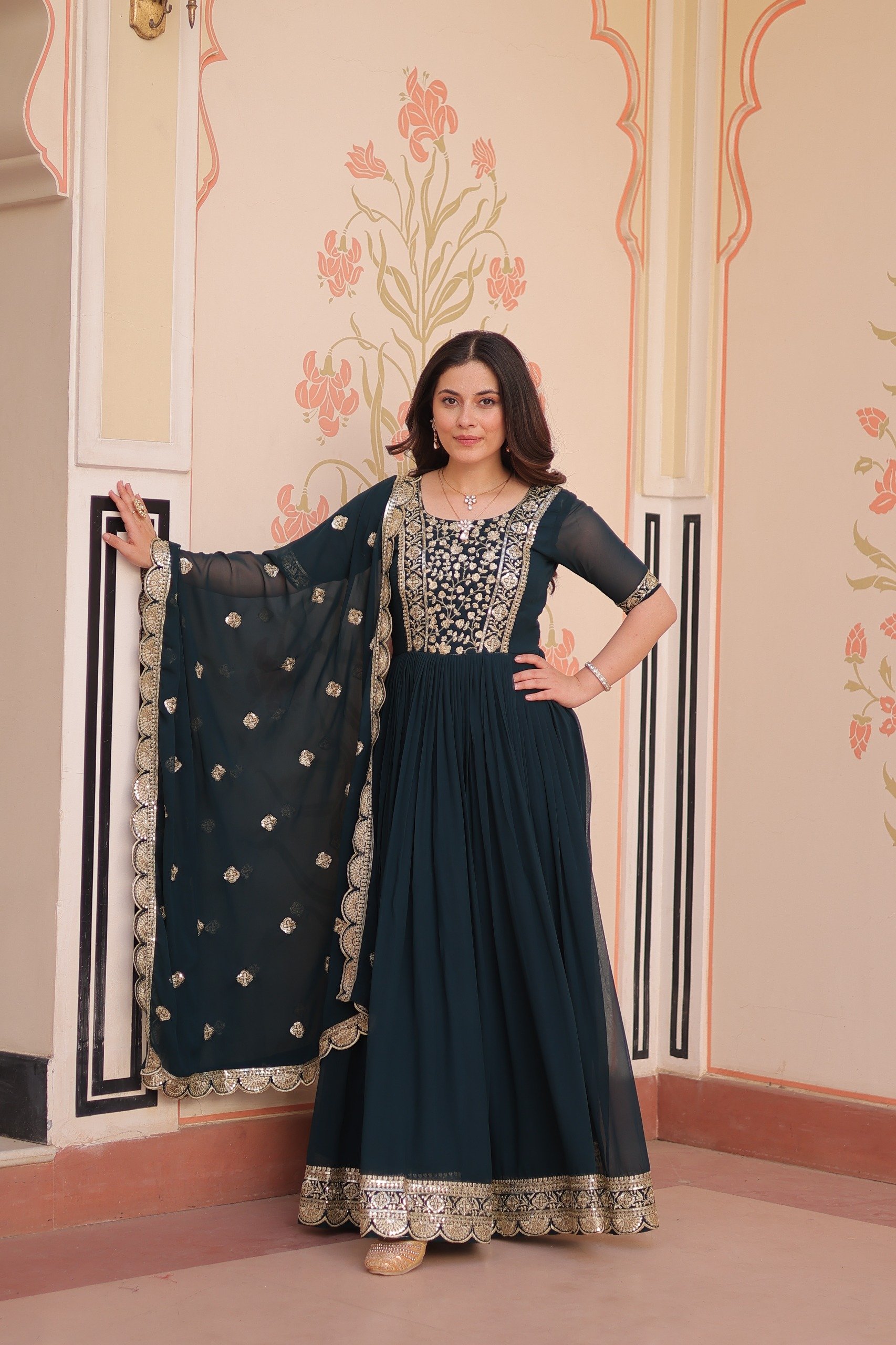Peacock Blue Faux Blooming Embroidery Zari Work Gown - Image 3