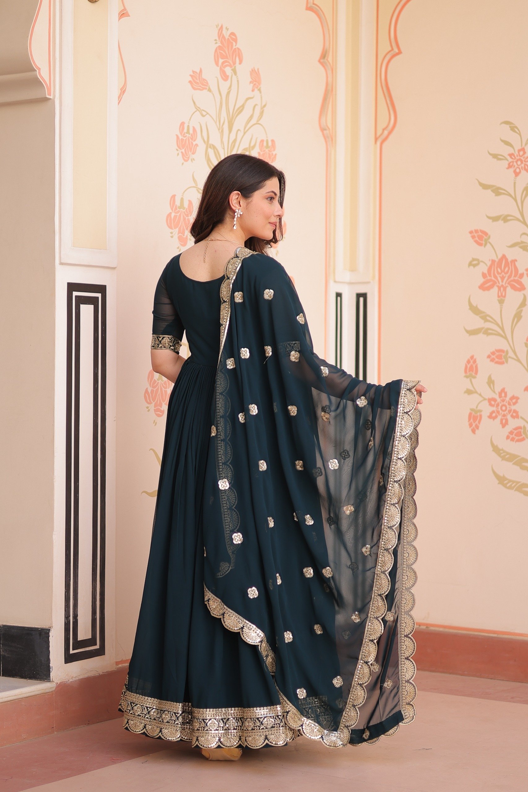 Peacock Blue Faux Blooming Embroidery Zari Work Gown - Image 6