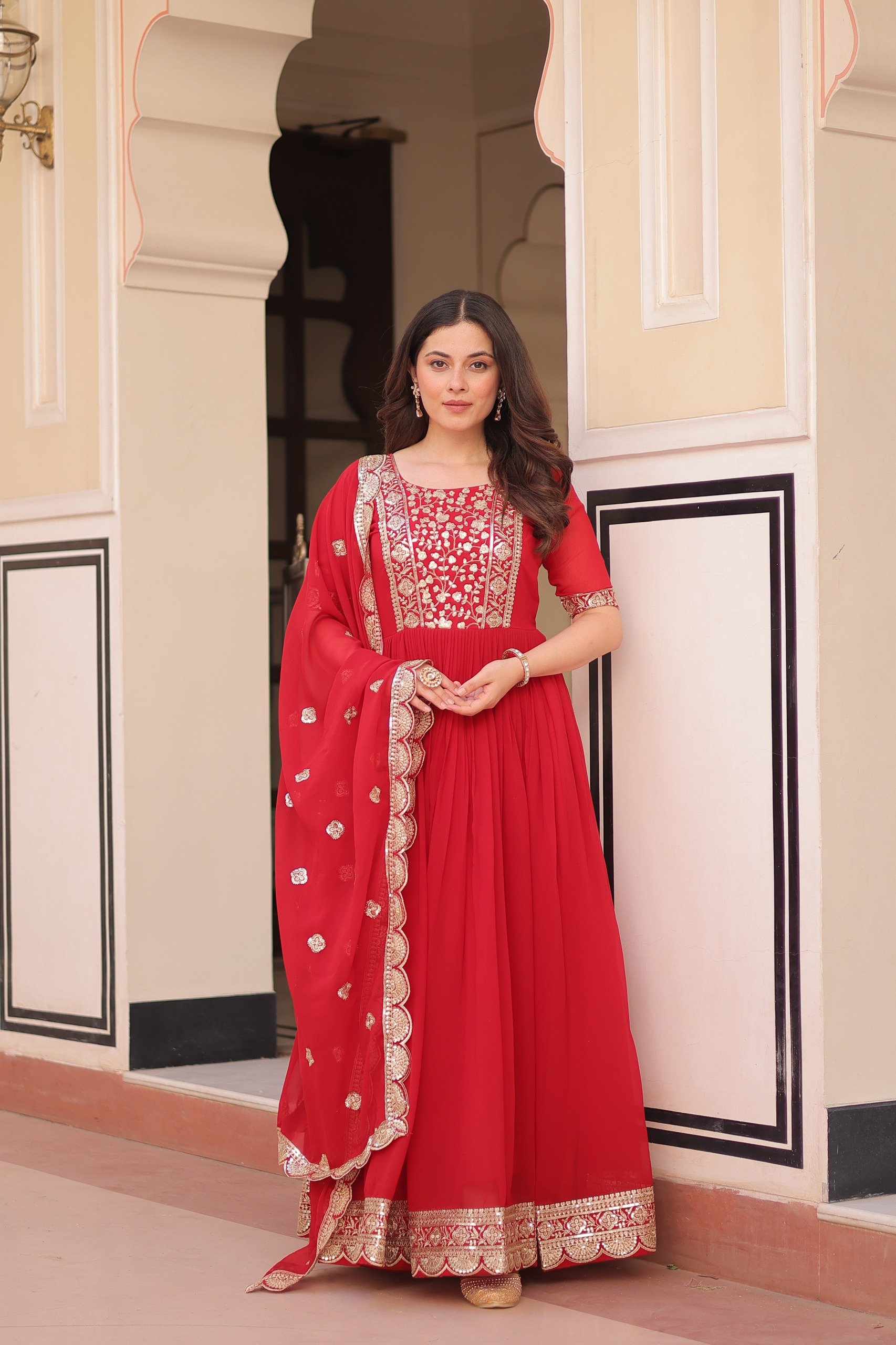 Red Faux Blooming Embroidery Zari Work Gown