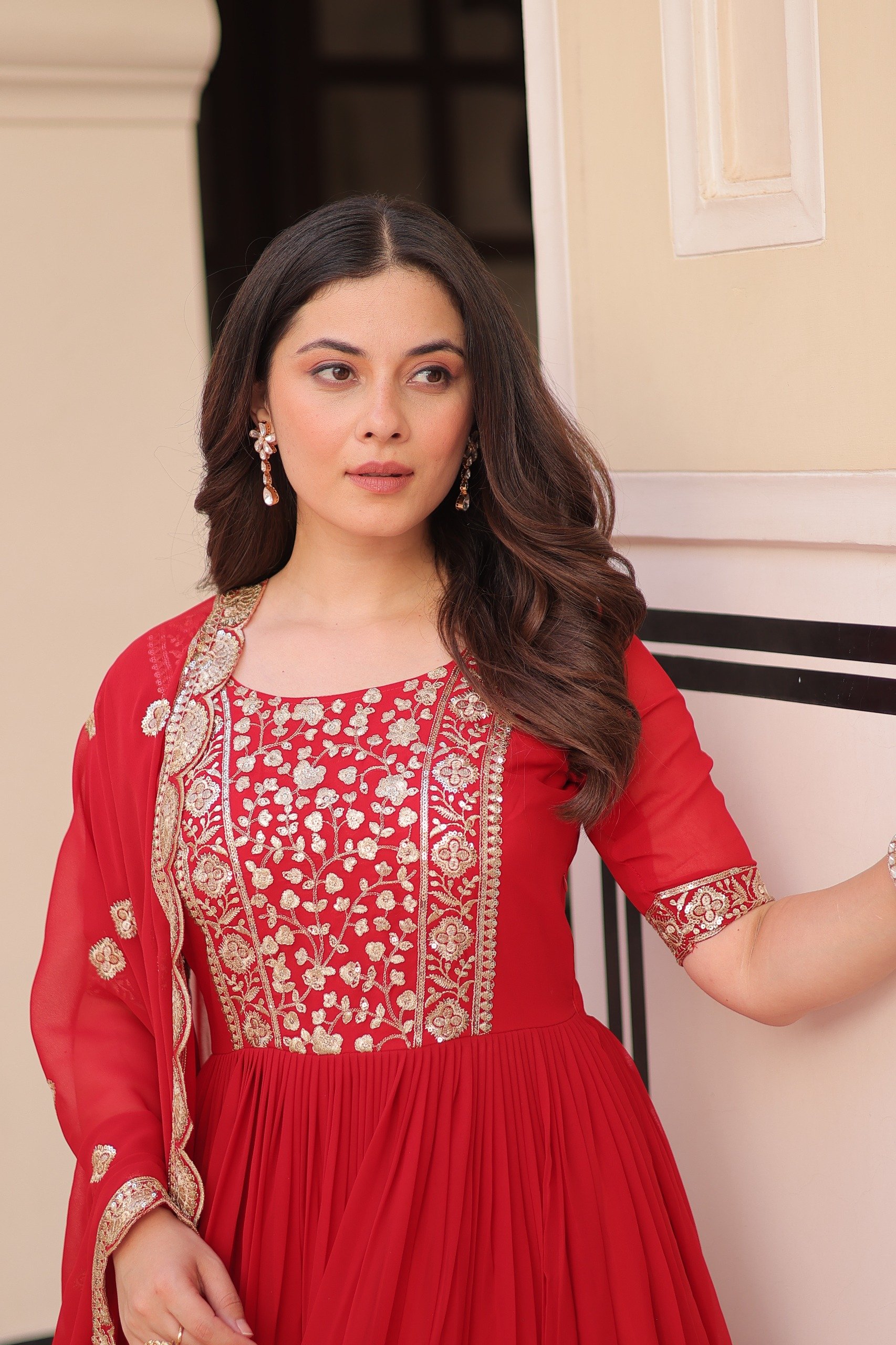 Red Faux Blooming Embroidery Zari Work Gown - Image 2