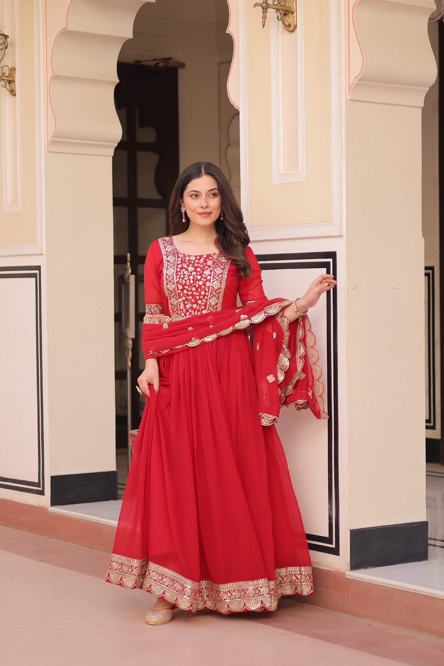 Red Faux Blooming Embroidery Zari Work Gown - Image 5